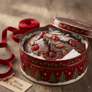 Plum cake in a beautiful reusable tin
